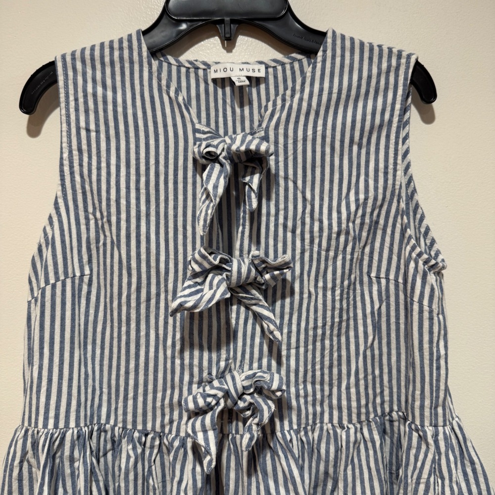 Miou Muse Tessa Stripe Bow Tie Dress Blue White Sleeveless Midi Small Coastal - Picture 10 of 13
